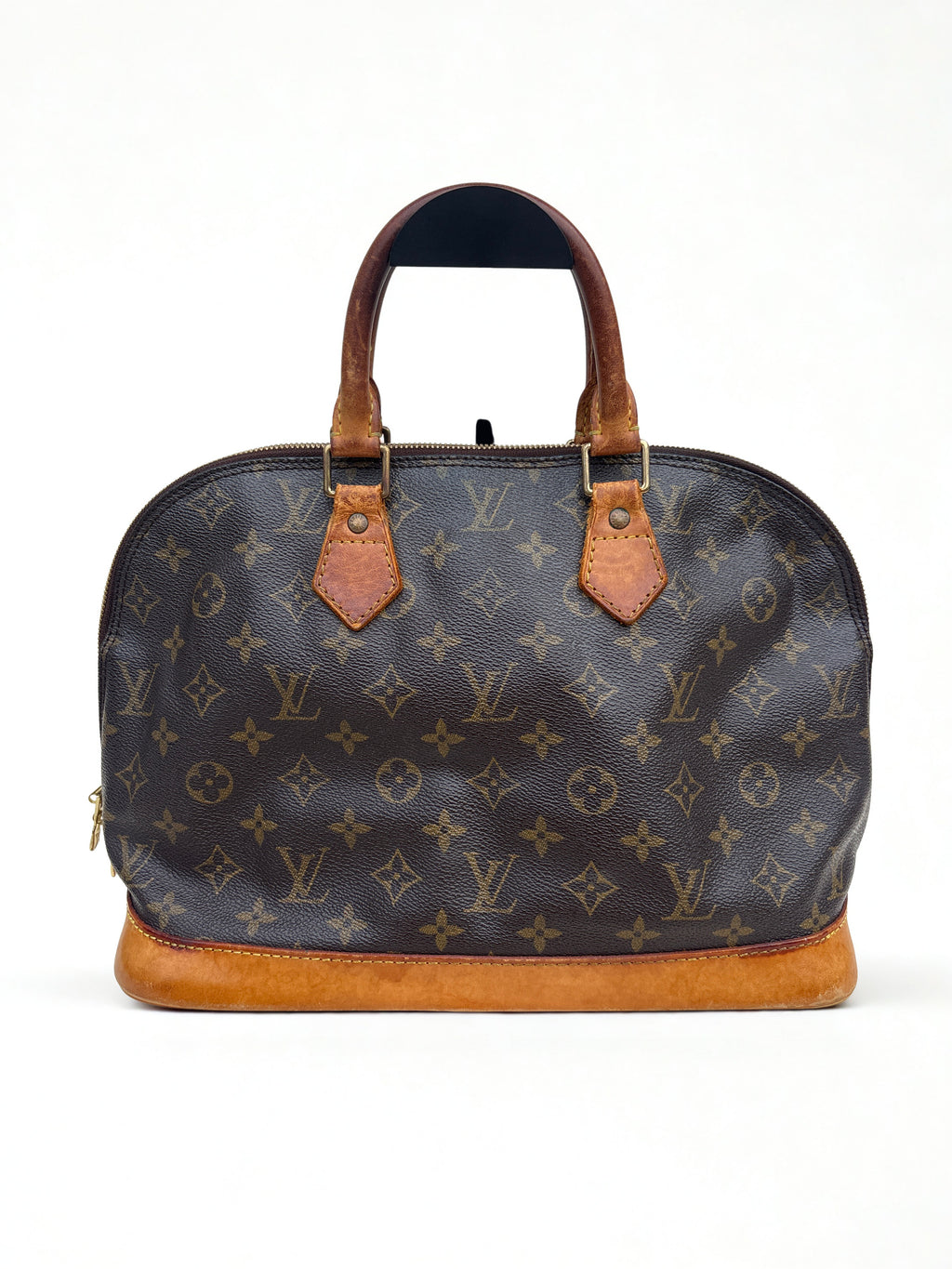 Vintage Louis Vuitton Alma Old tas vooraanzicht, iconisch monogram canvas met gouden hardware