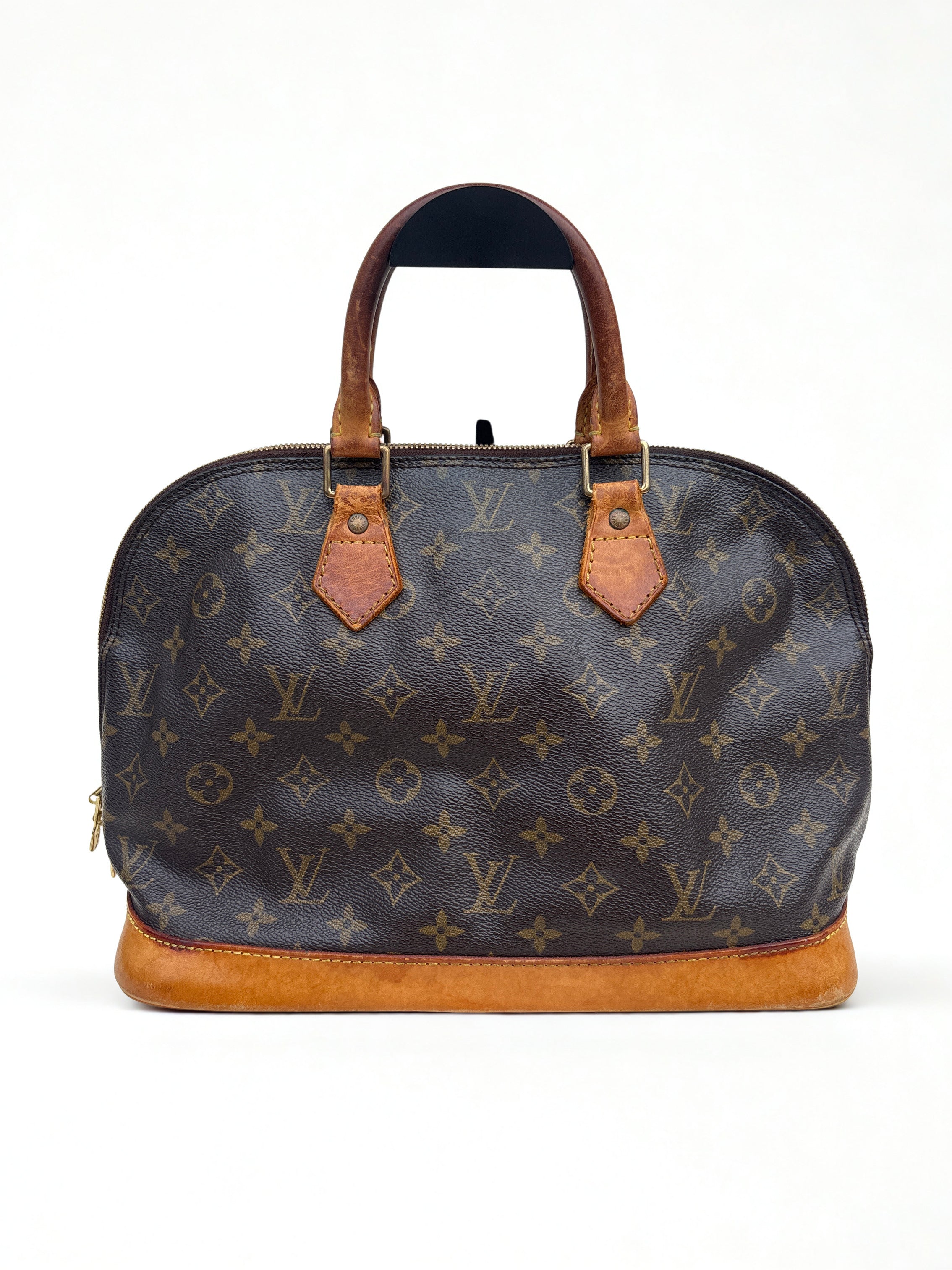 Vintage Louis Vuitton Alma Old tas vooraanzicht, iconisch monogram canvas met gouden hardware