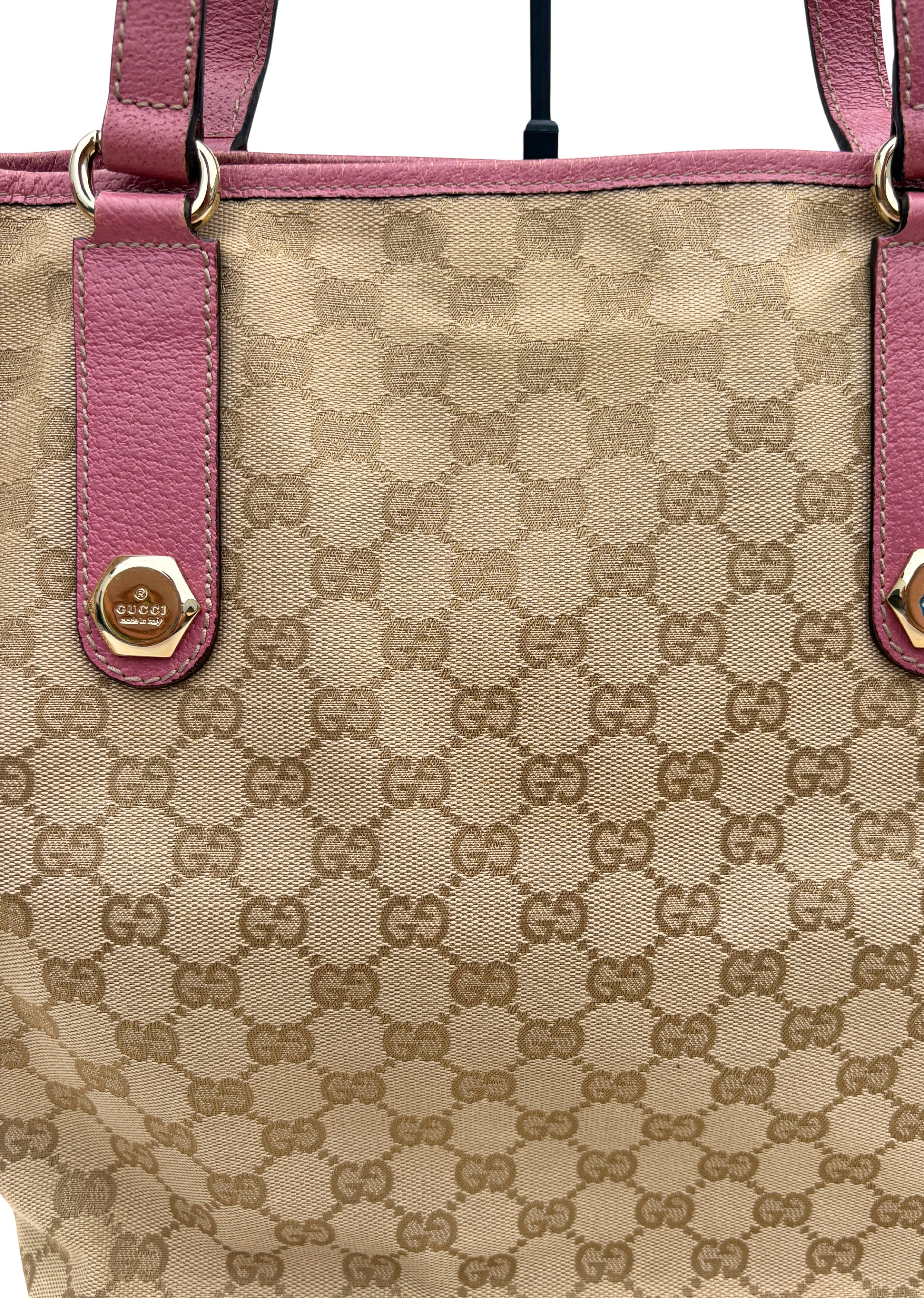 Vintage Gucci Charmy Tote roze , vooraanzicht, GG monogram canvas met bubblegum roze lederen details