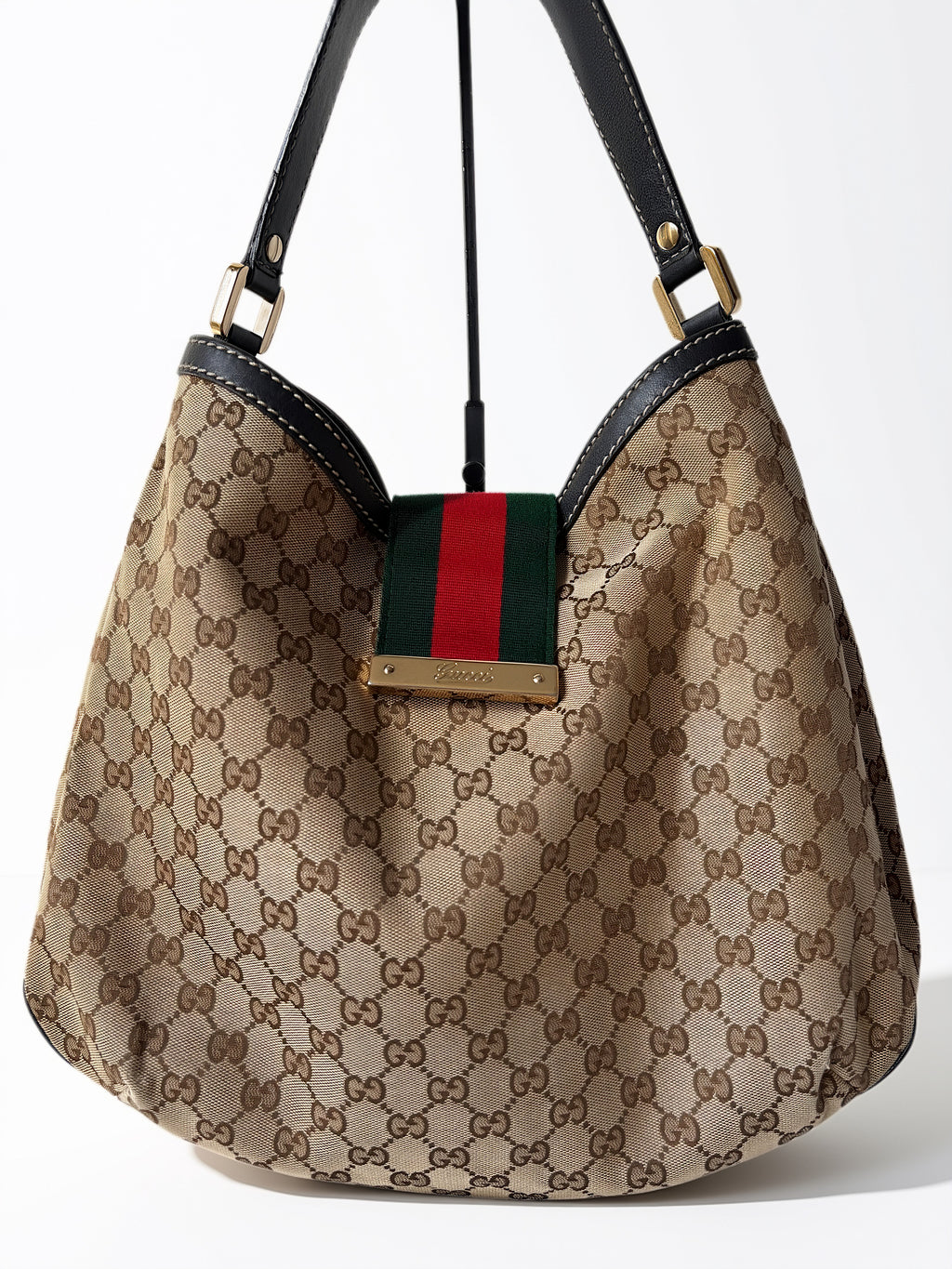 Gucci GG Canvas New Ladies Web Hobo, close up beige canvas