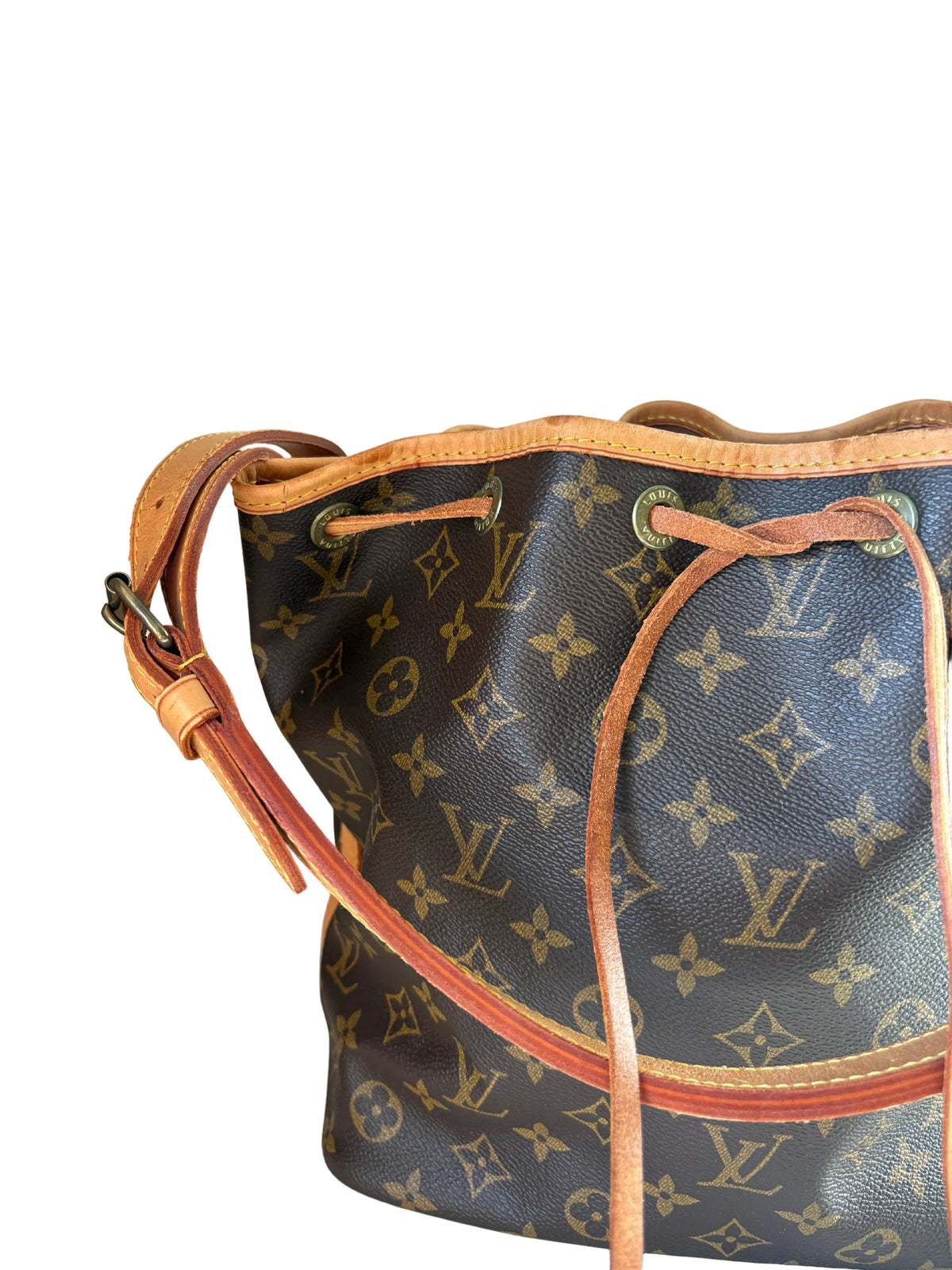 Pre-loved Louis Vuitton Petit Noé, linkerzijde close-up