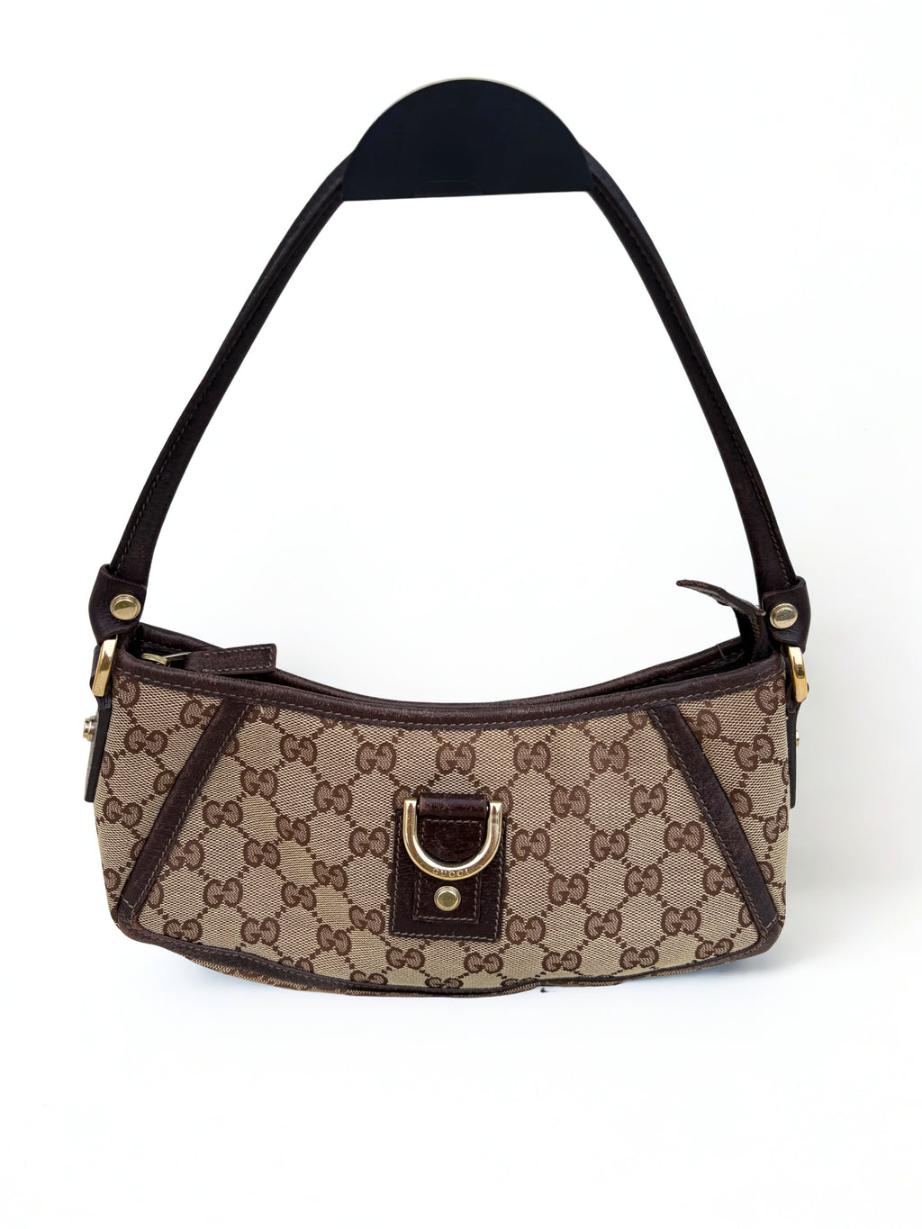 Vintage Gucci Monogram Canvas D-ring Pochette, gouden hardware, vooraanzicht