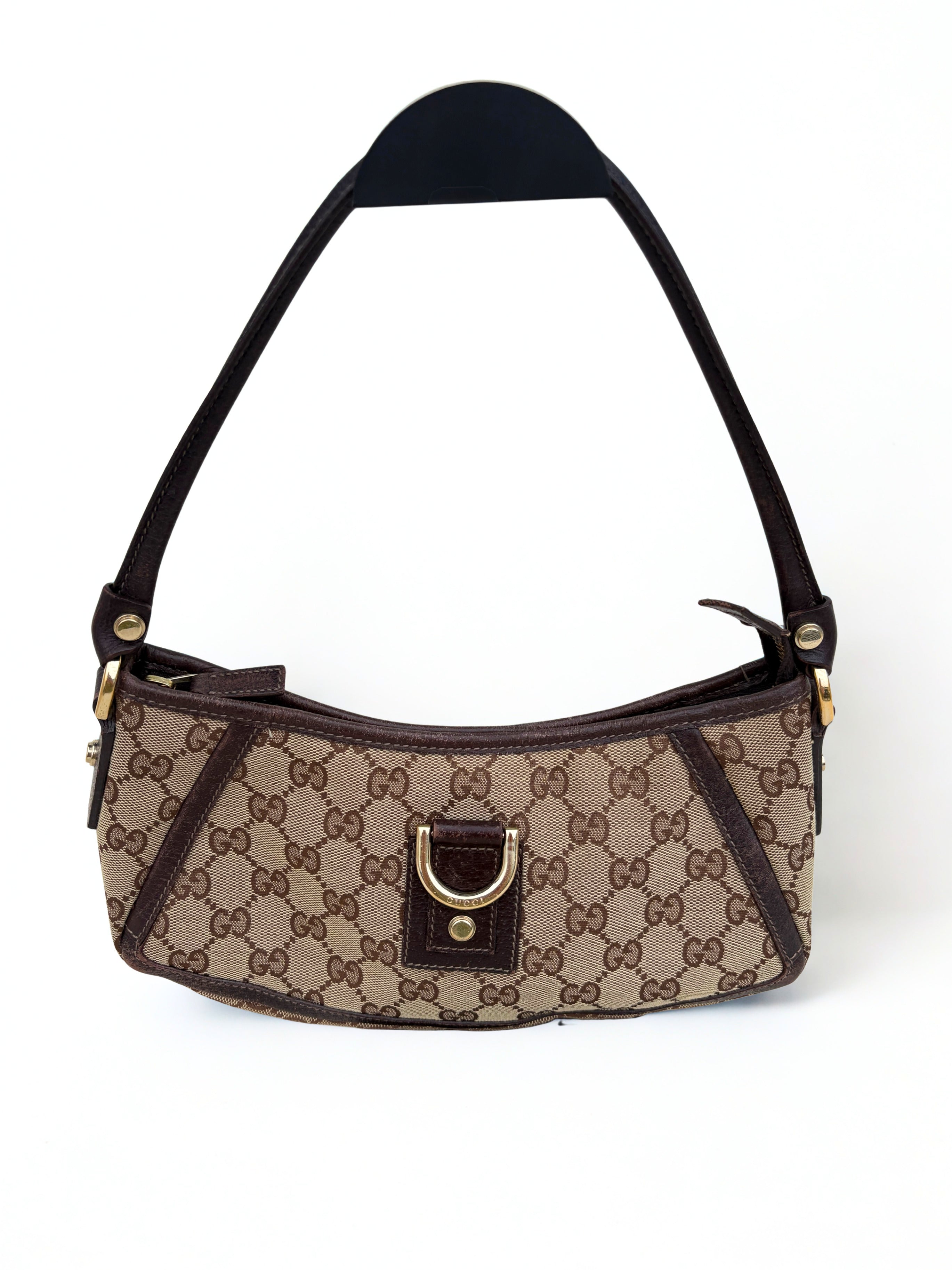 Vintage Gucci Monogram Canvas D-ring Pochette, gouden hardware, vooraanzicht