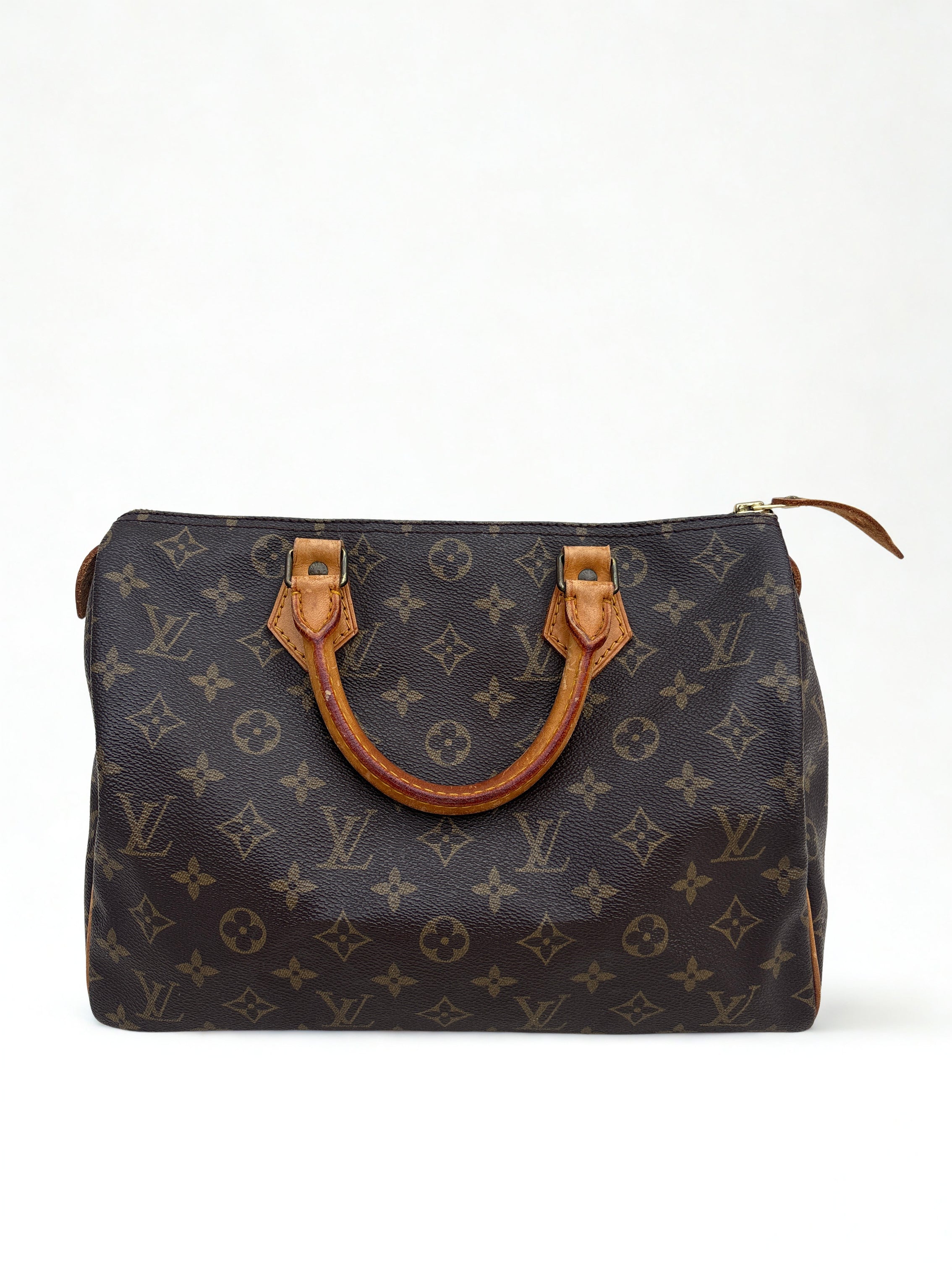 Vintage Louis Vuitton Monogram Speedy 30, vooraanzicht. Gouden hardware, vachetta leer.
