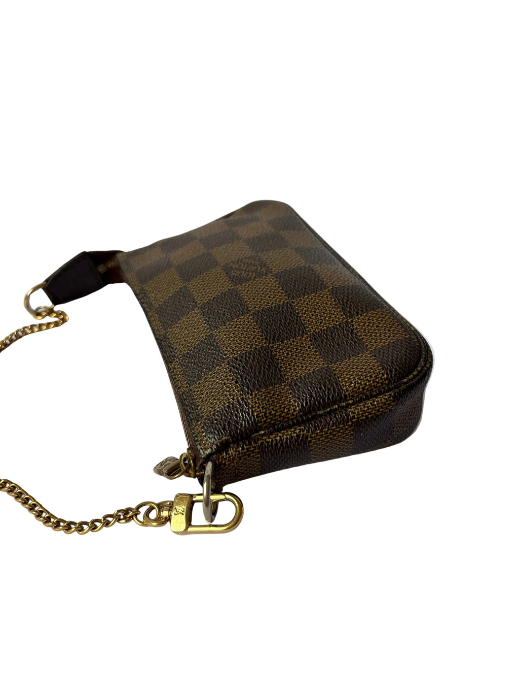 Louis Vuitton Mini Pochette Damier Close up gouden hardware chain