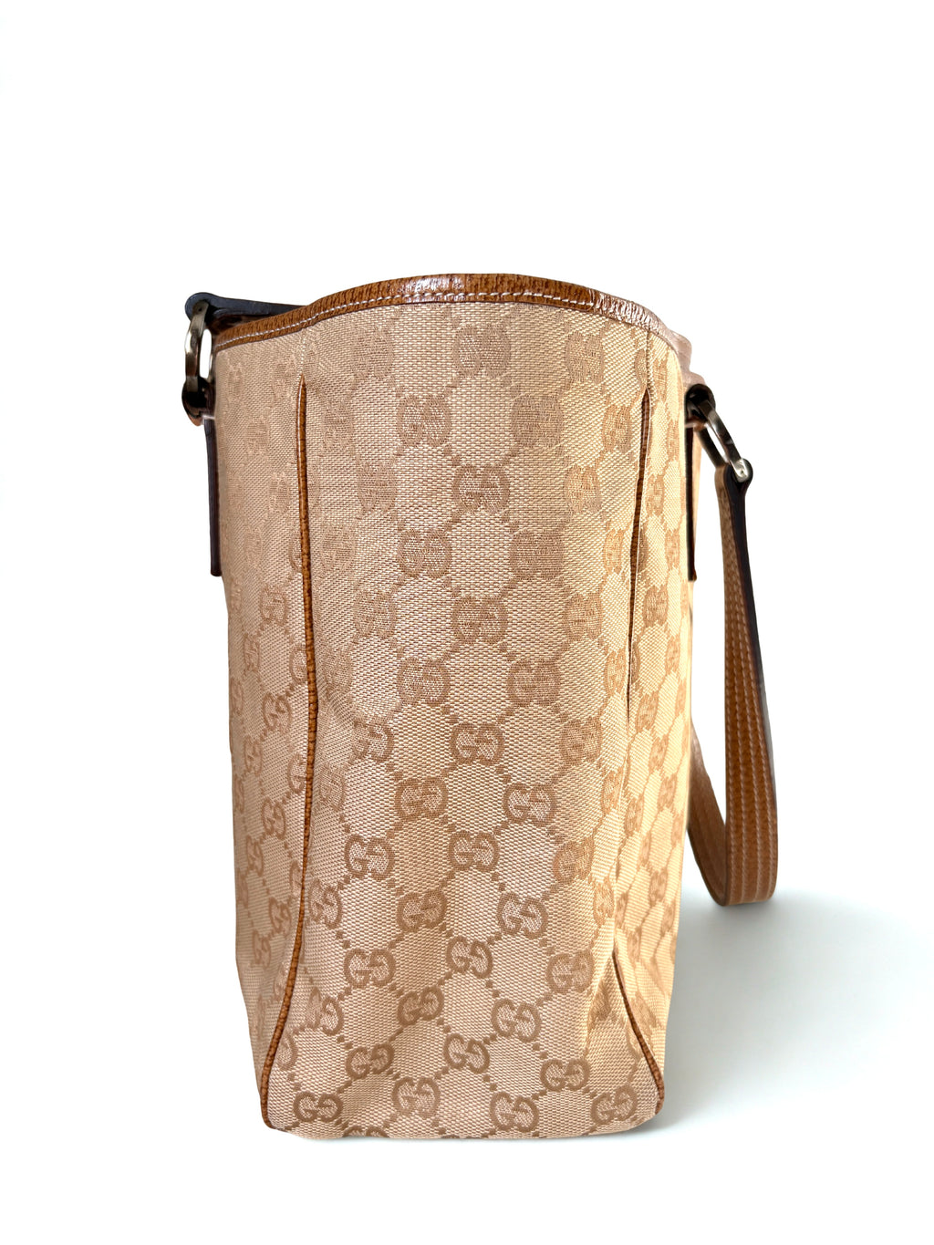Vintage Gucci GG Monogram canvas, beige met bruin leer, zijaanzicht