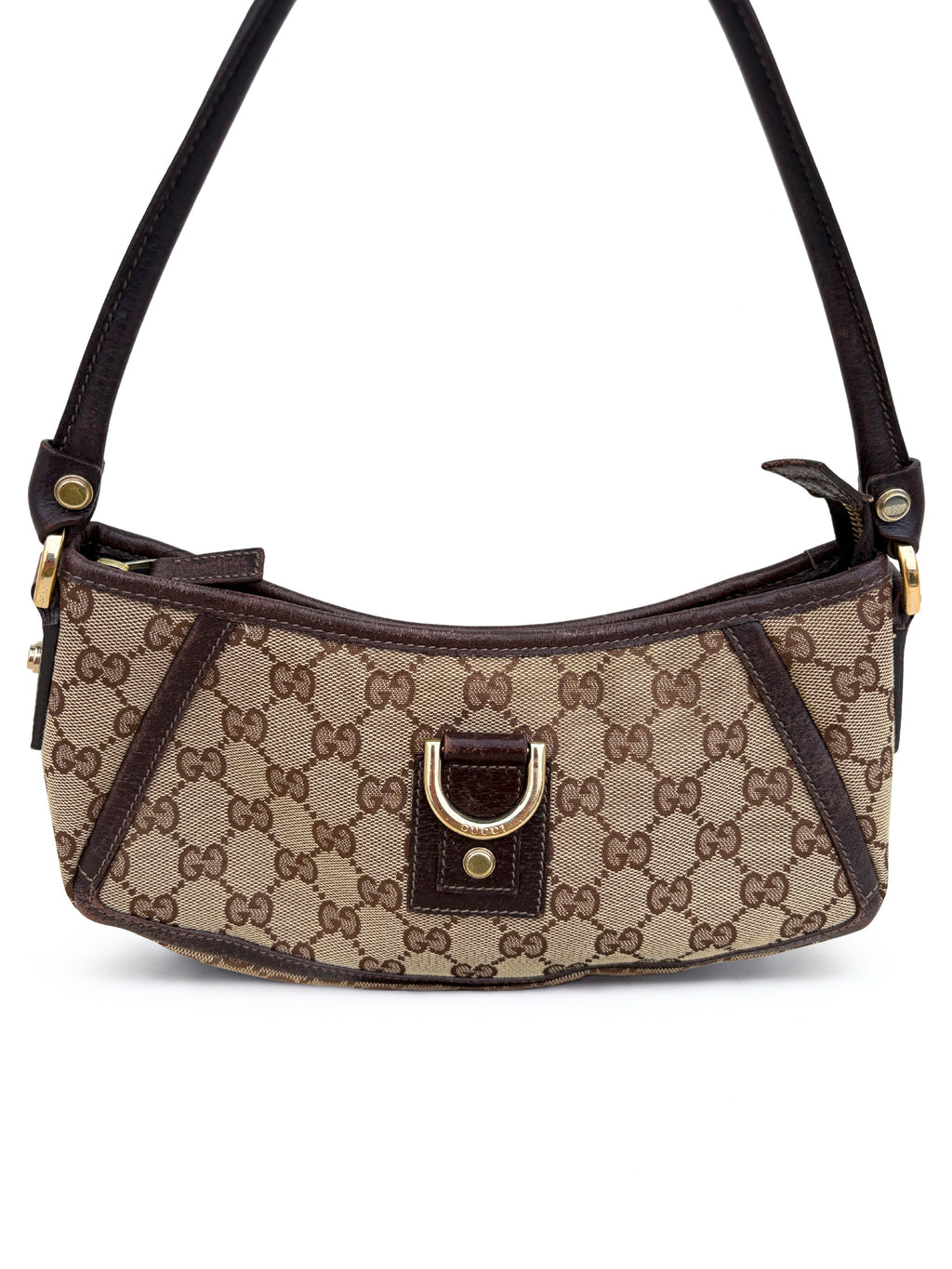 Vintage Gucci Monogram Canvas D-ring Pochette, gouden hardware, donkerbruine lederen details