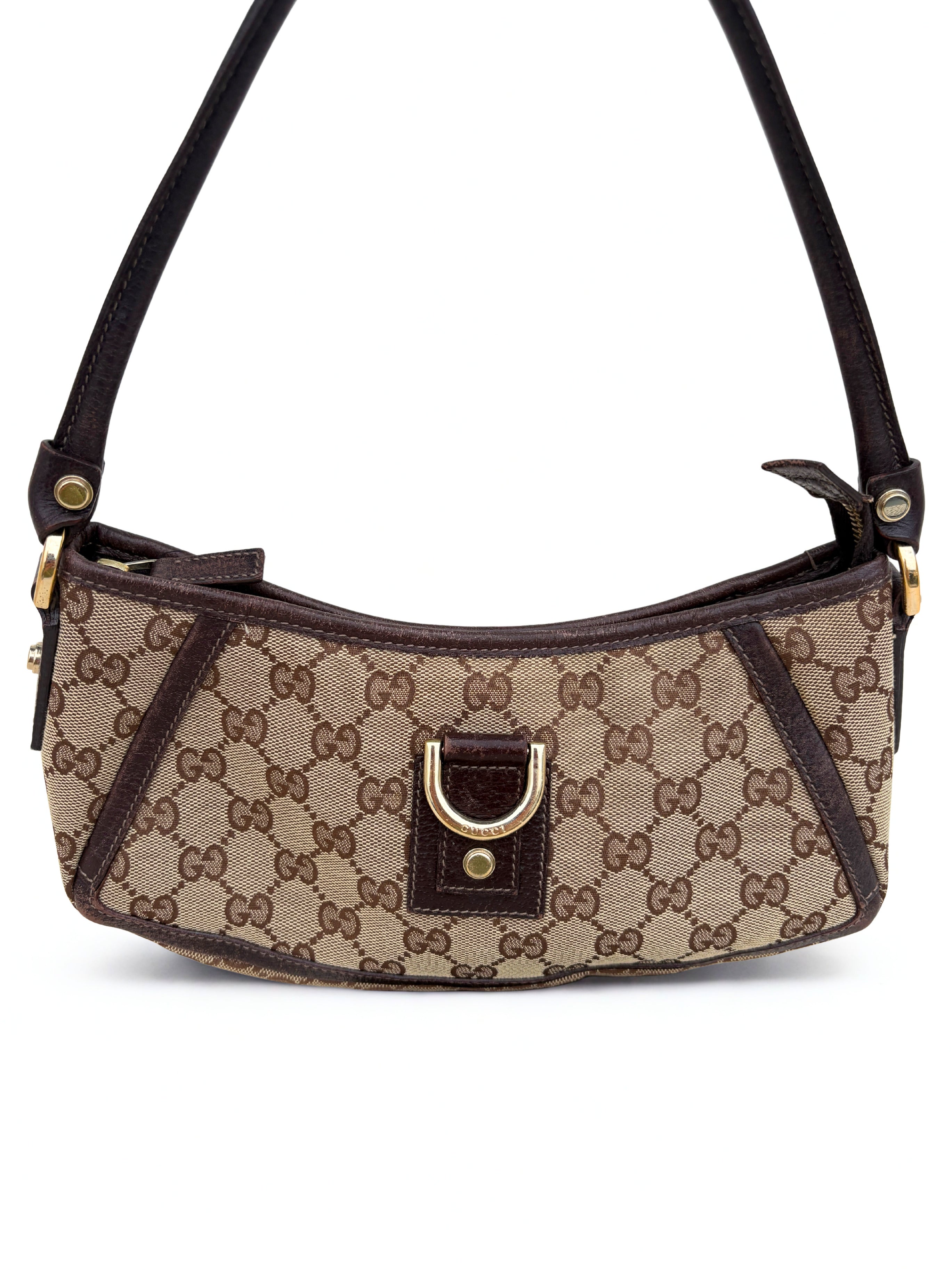 Vintage Gucci Monogram Canvas D-ring Pochette, gouden hardware, donkerbruine lederen details