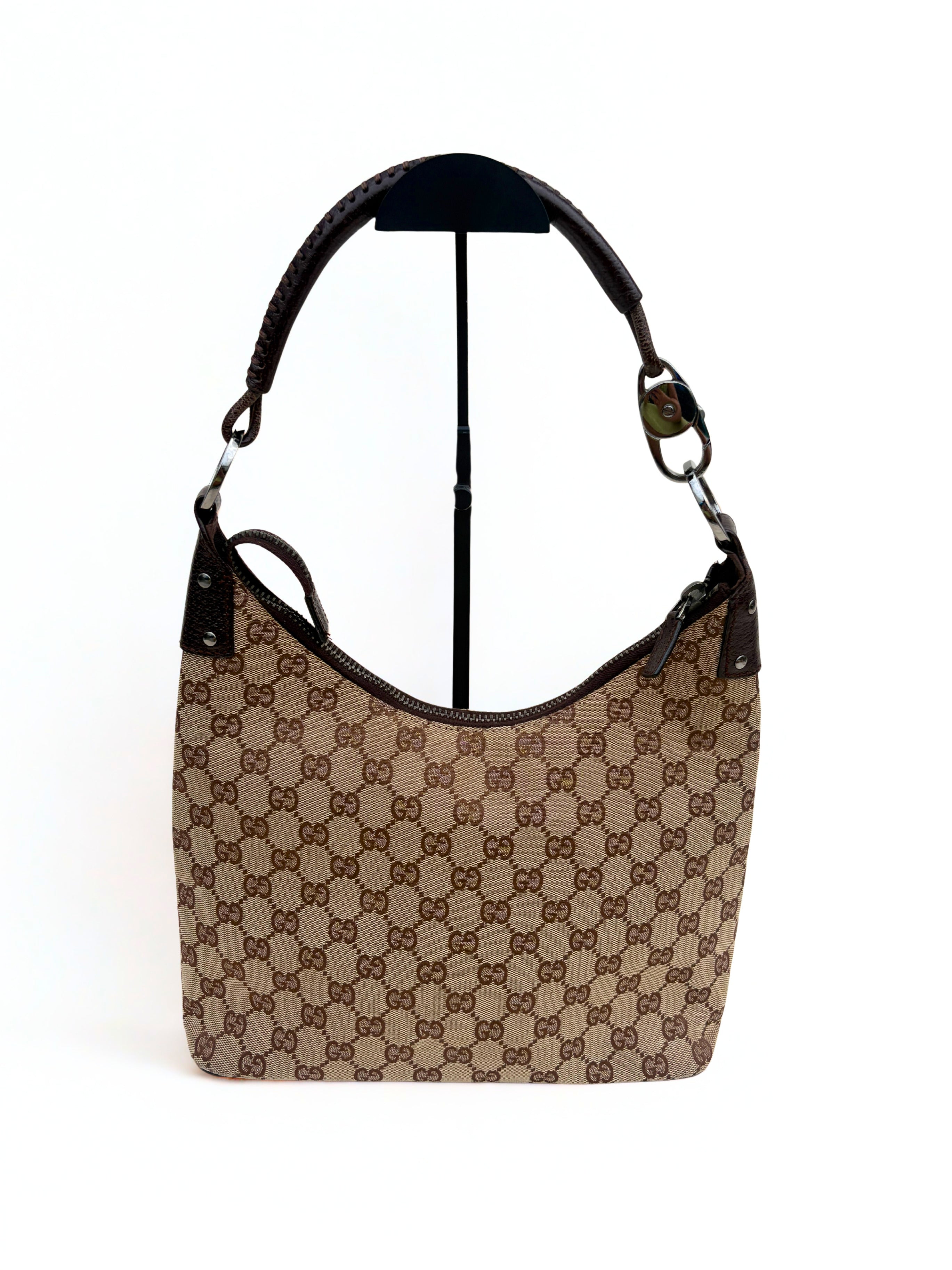 intage Gucci Monogram Canvas Lock tas, vooraanzicht, GG canvas met zilveren hardware