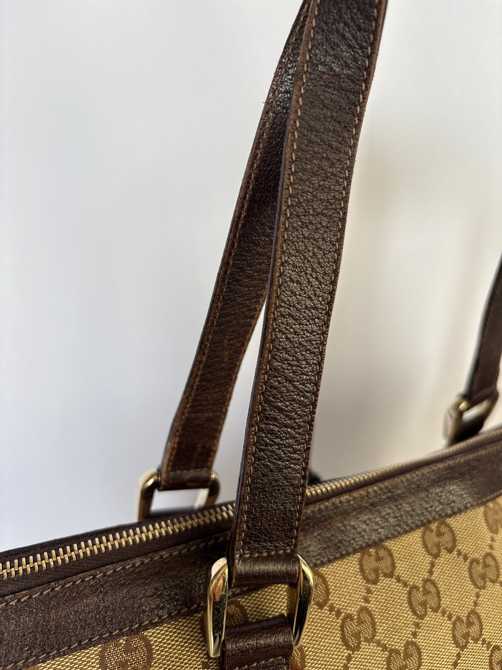 Gucci Abbey Monogram Tote beige GG canvas vintage bruin handgrepen