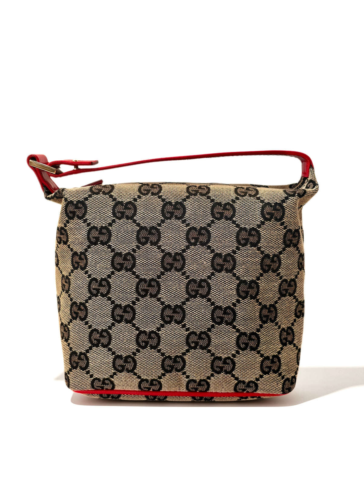 Gucci Monogram Canvas Pochette Mini. Rode lederen details, beige canvas