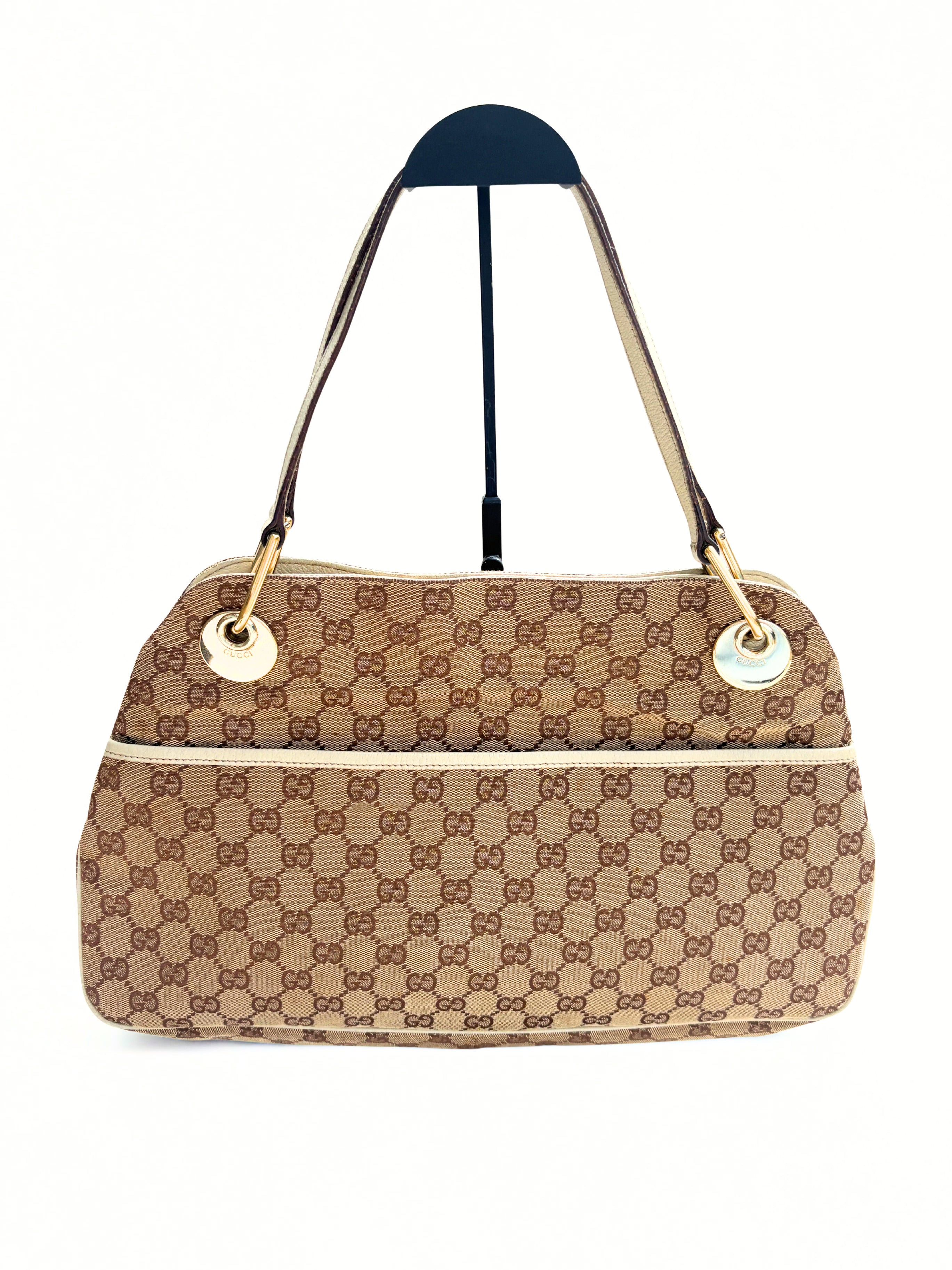Vintage Gucci Monogram Eclipse tote bag, vooraanzicht, GG canvas met gouden hardware