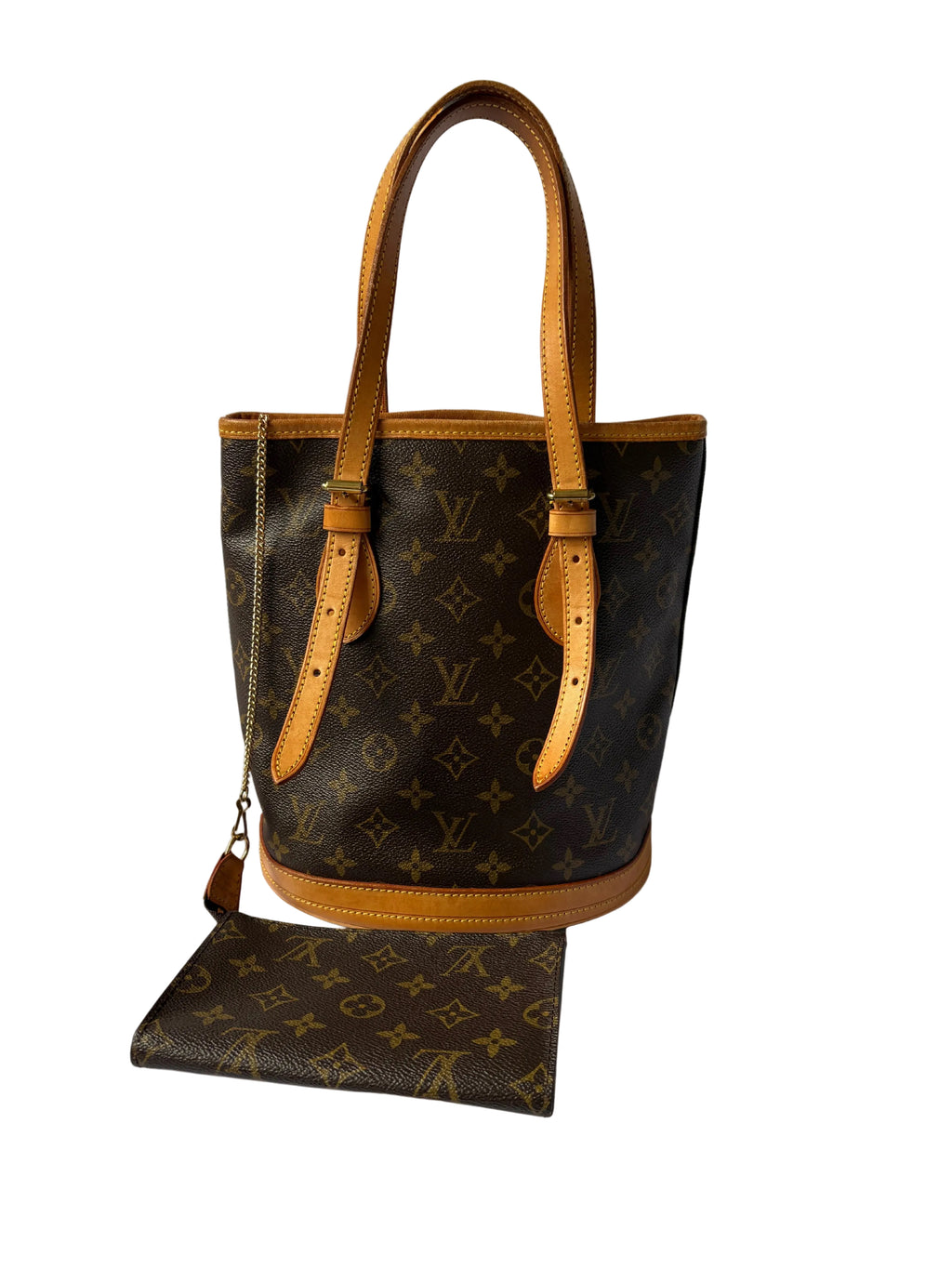 Vintage Louis Vuitton Petit Bucket PM voorzijde met clutch