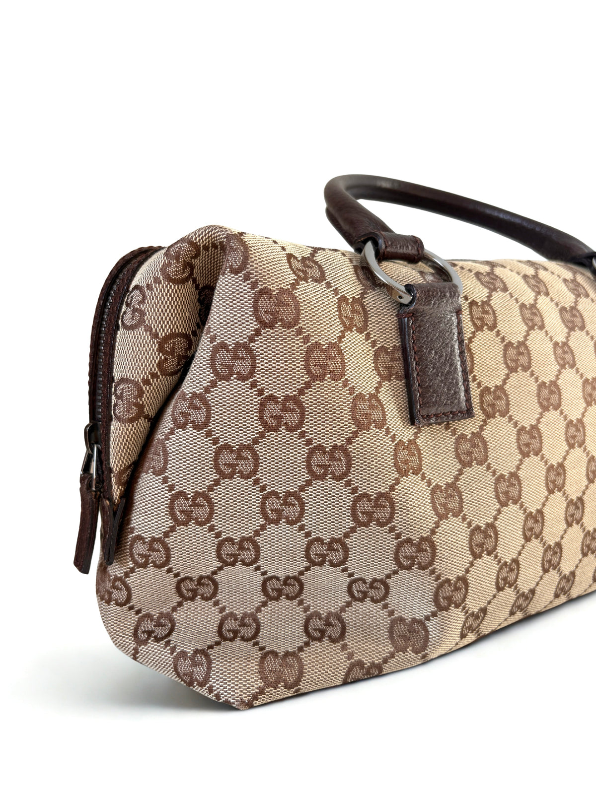Gucci Monogram Boston Top Handle, beige canvas, bruin leer
