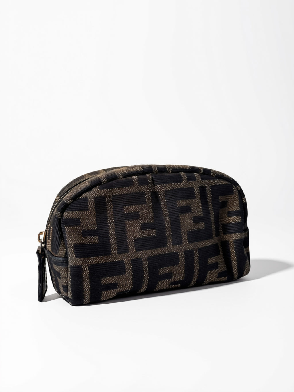 Pre-loved Fendi Zucca FF Cosmetic Pouch Close up. Trésor de Lou.