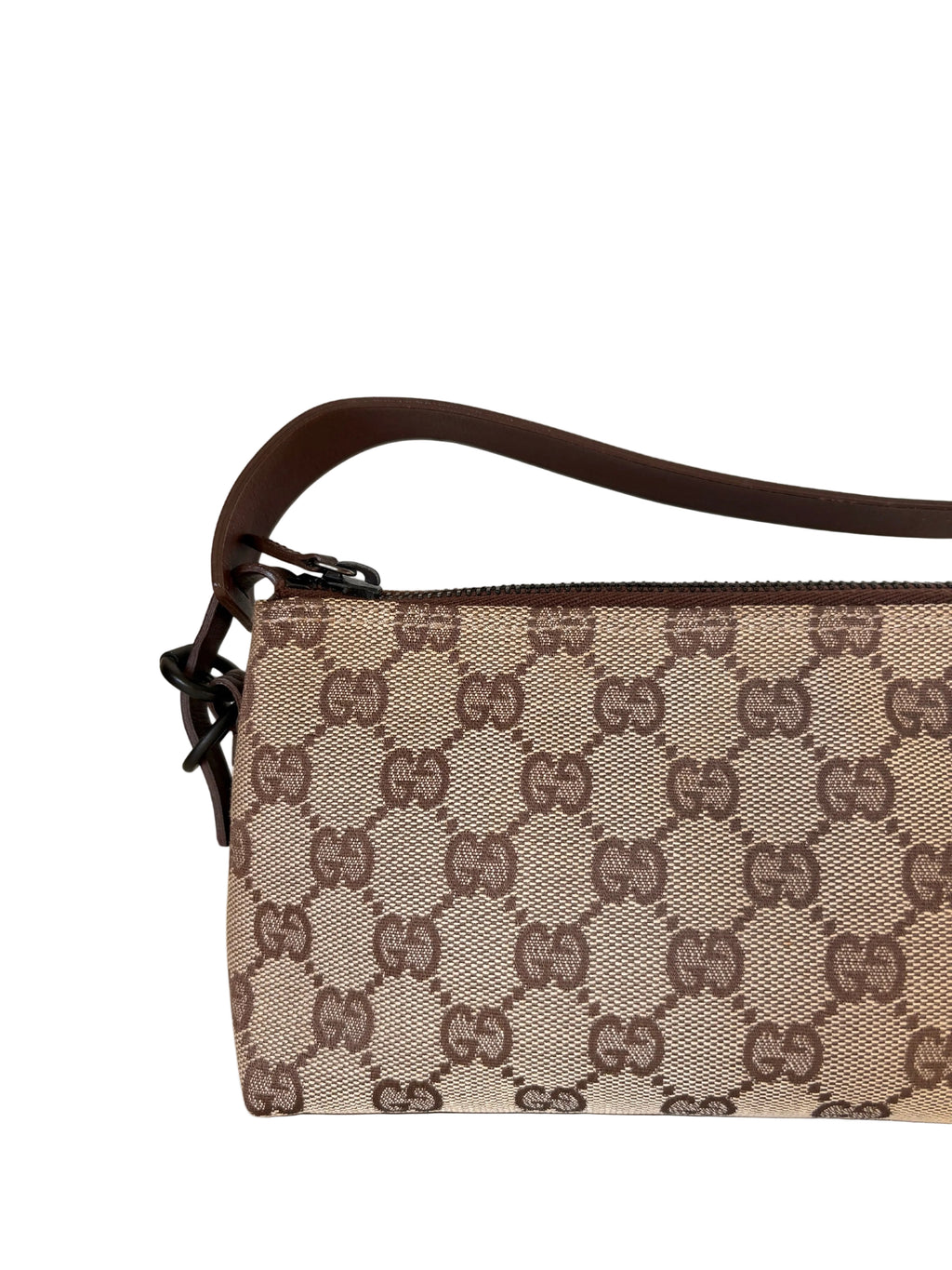Pre-loved Gucci GG Monogram beige Canvas Pochette, hoekaanzicht 