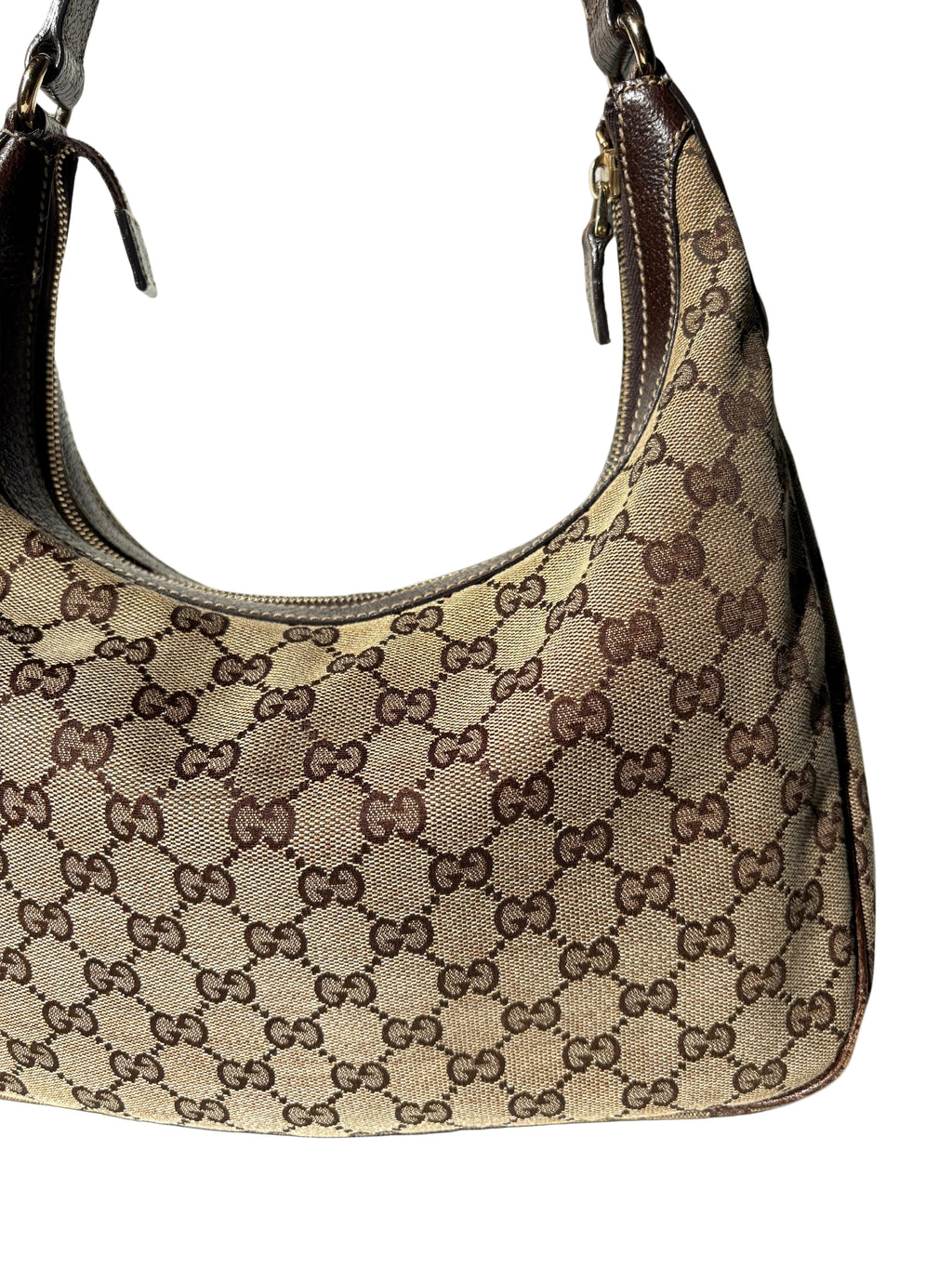 Pre-loved Gucci GG Monogram Canvas Charmy Hobo, close up