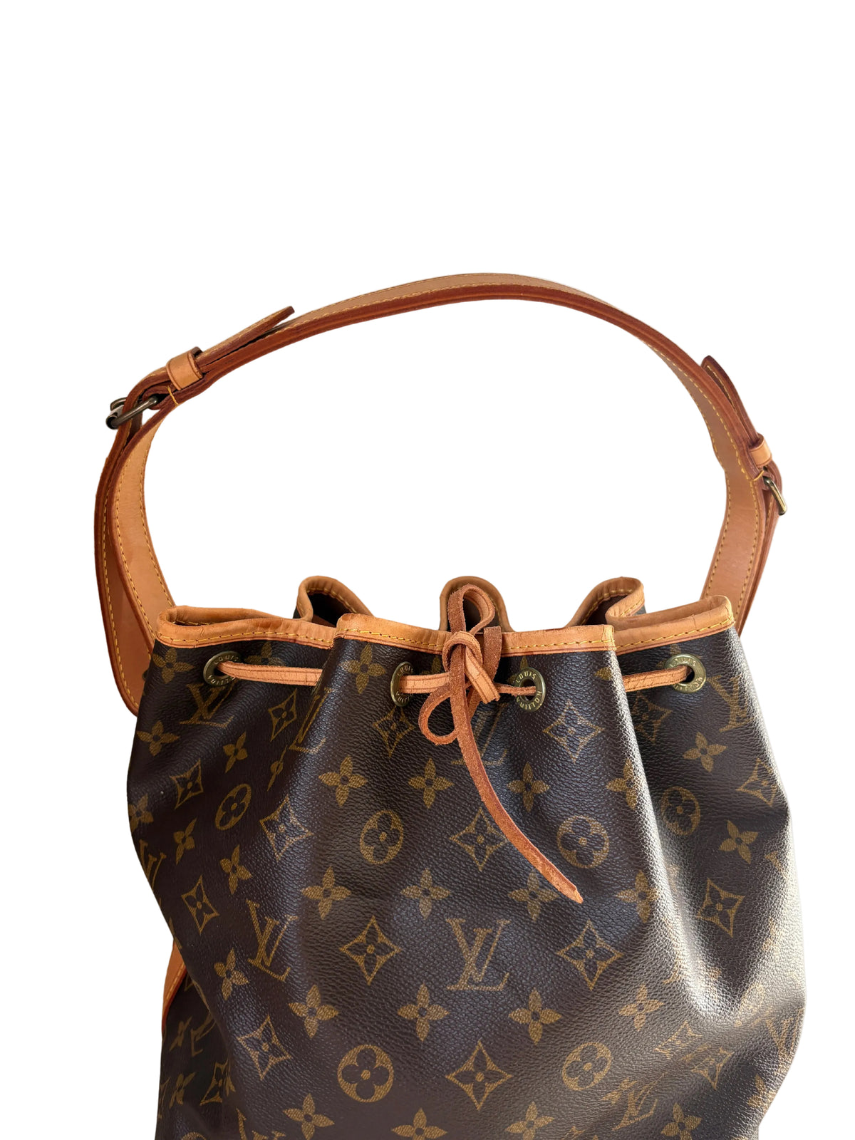 Pre-loved Louis Vuitton Petit Noé, voorzijde close-up vachetta leer