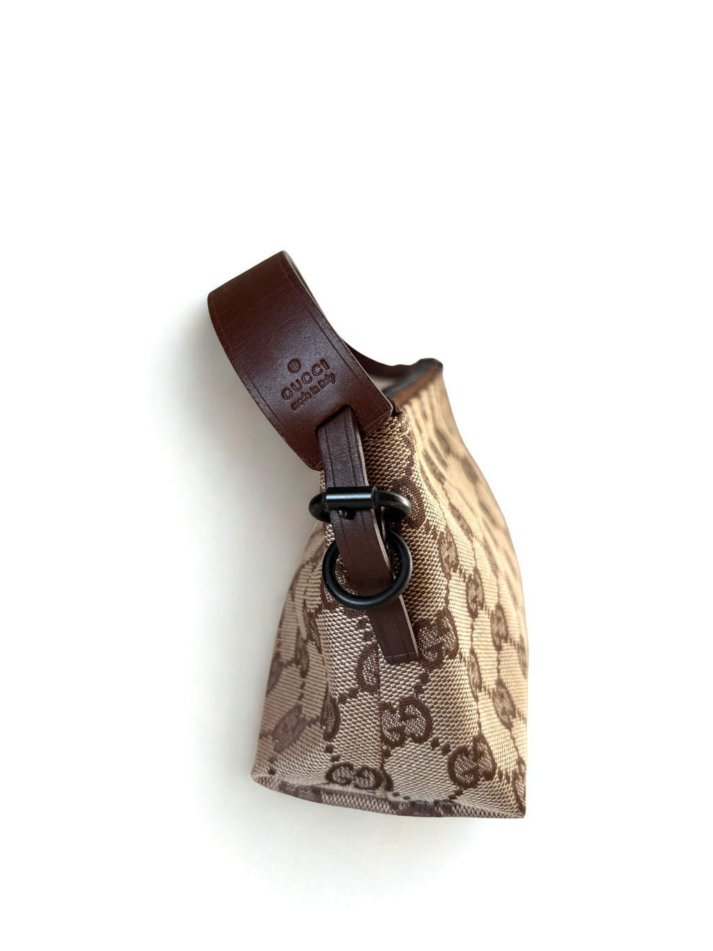 Pre-loved Gucci GG Monogram Canvas Pochette, donkerbruine leren logo handle