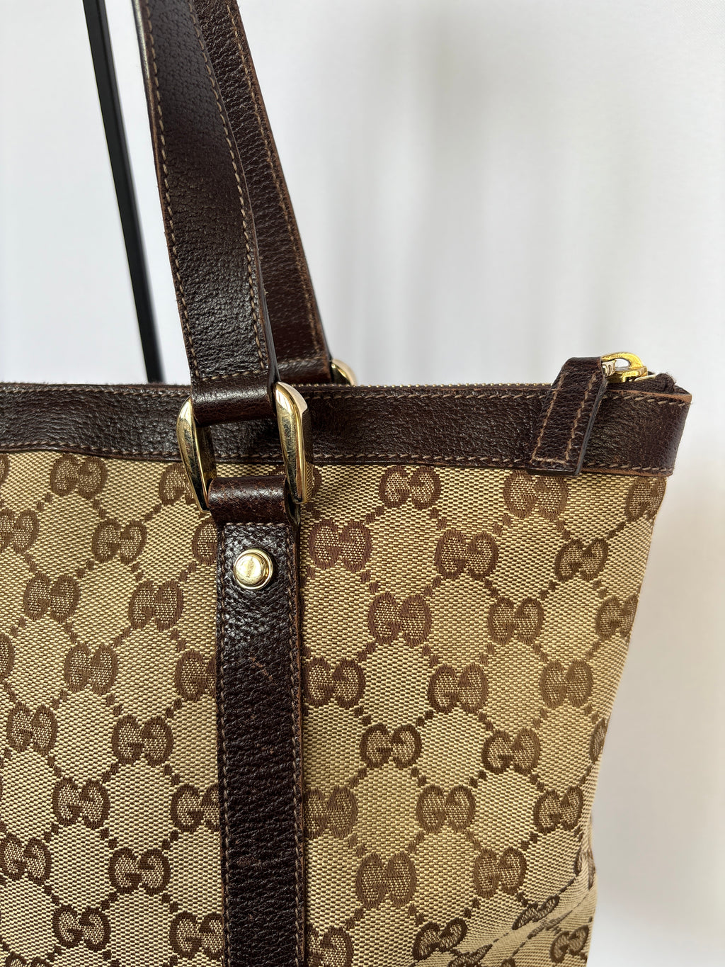 Gucci Abbey Monogram Tote beige GG canvas vintage bruin leer