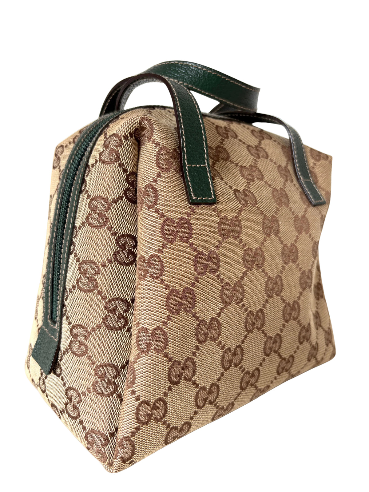 Pre-loved Gucci Canvas Balthus Top Handle, beige monogram canvas, donkergroen leer