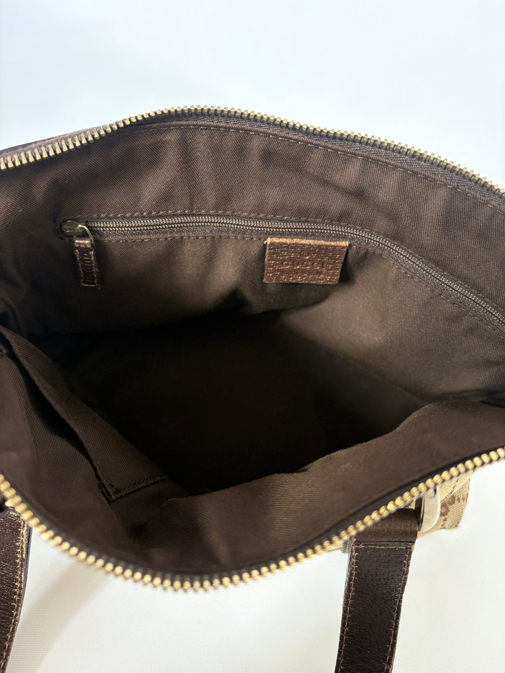 Gucci Abbey Monogram Tote mini beige GG canvas binnenzijde schoon 