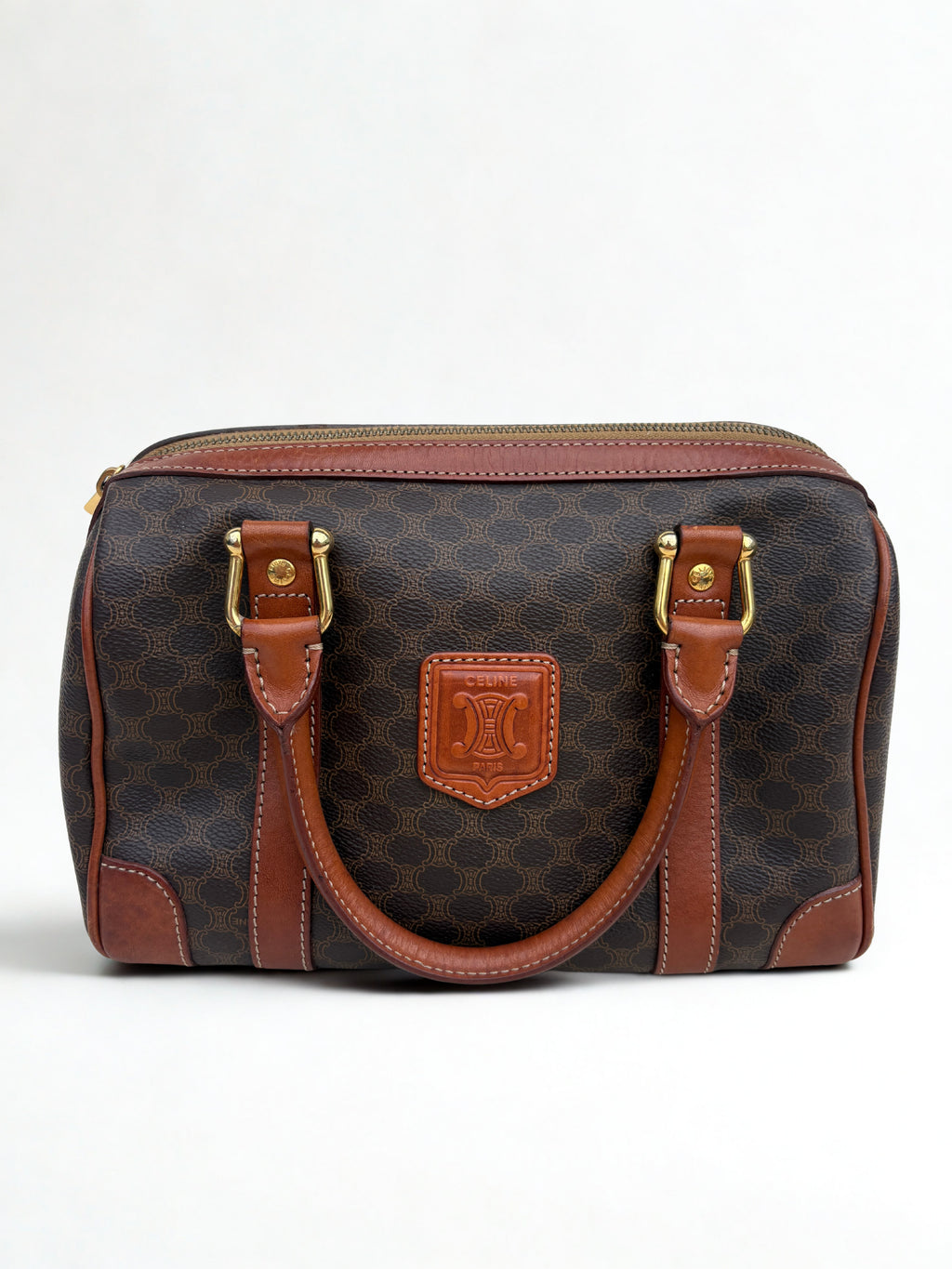 Vintage Céline Macadam Mini Boston tas, vooraanzicht, donkerbruin leer met gouden hardware