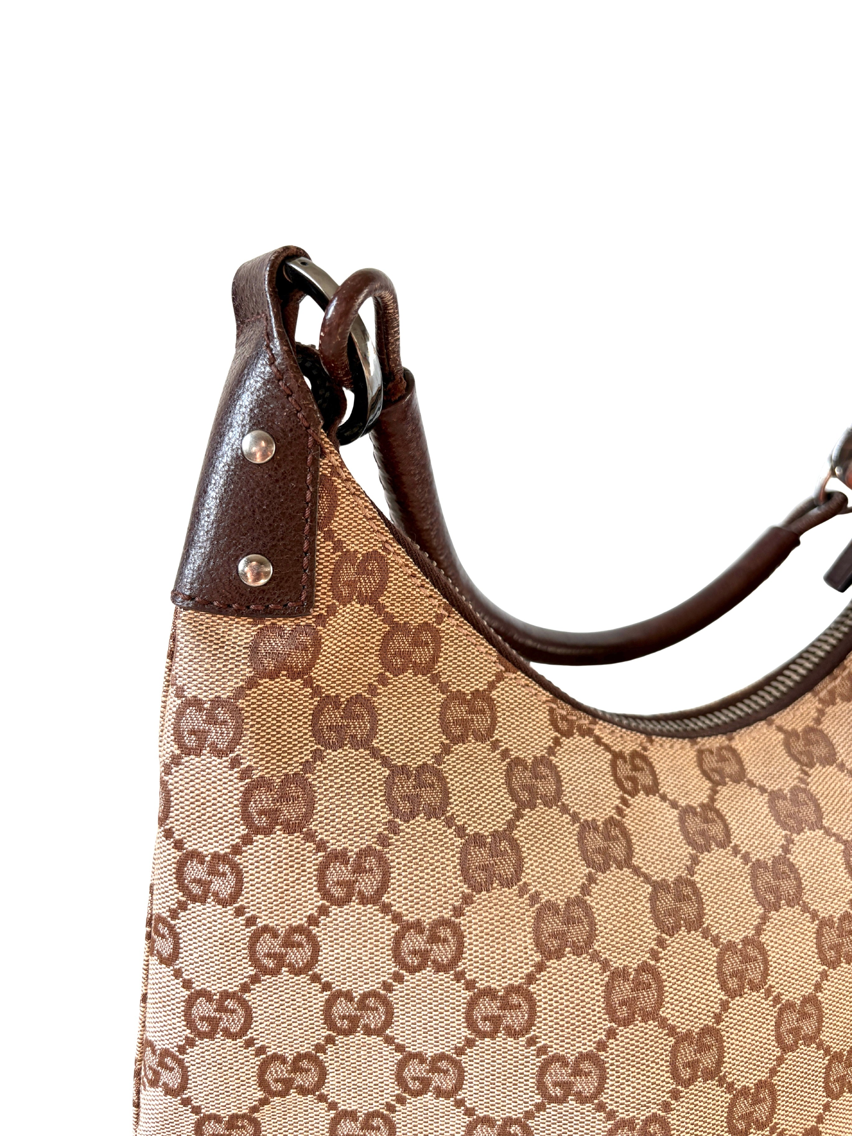 Vintage Gucci Hobo Lock met monogram canvas en donkerbruin leder
