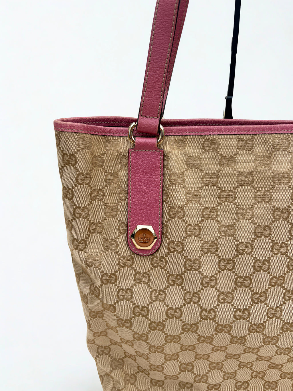 Vintage Gucci Charmy Tote roze, vooraanzicht, GG monogram canvas close up met bubblegum roze lederen details