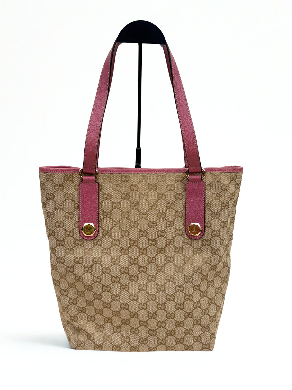 Vintage Gucci Charmy Tote roze, vooraanzicht, GG monogram canvas met bubblegum roze lederen details